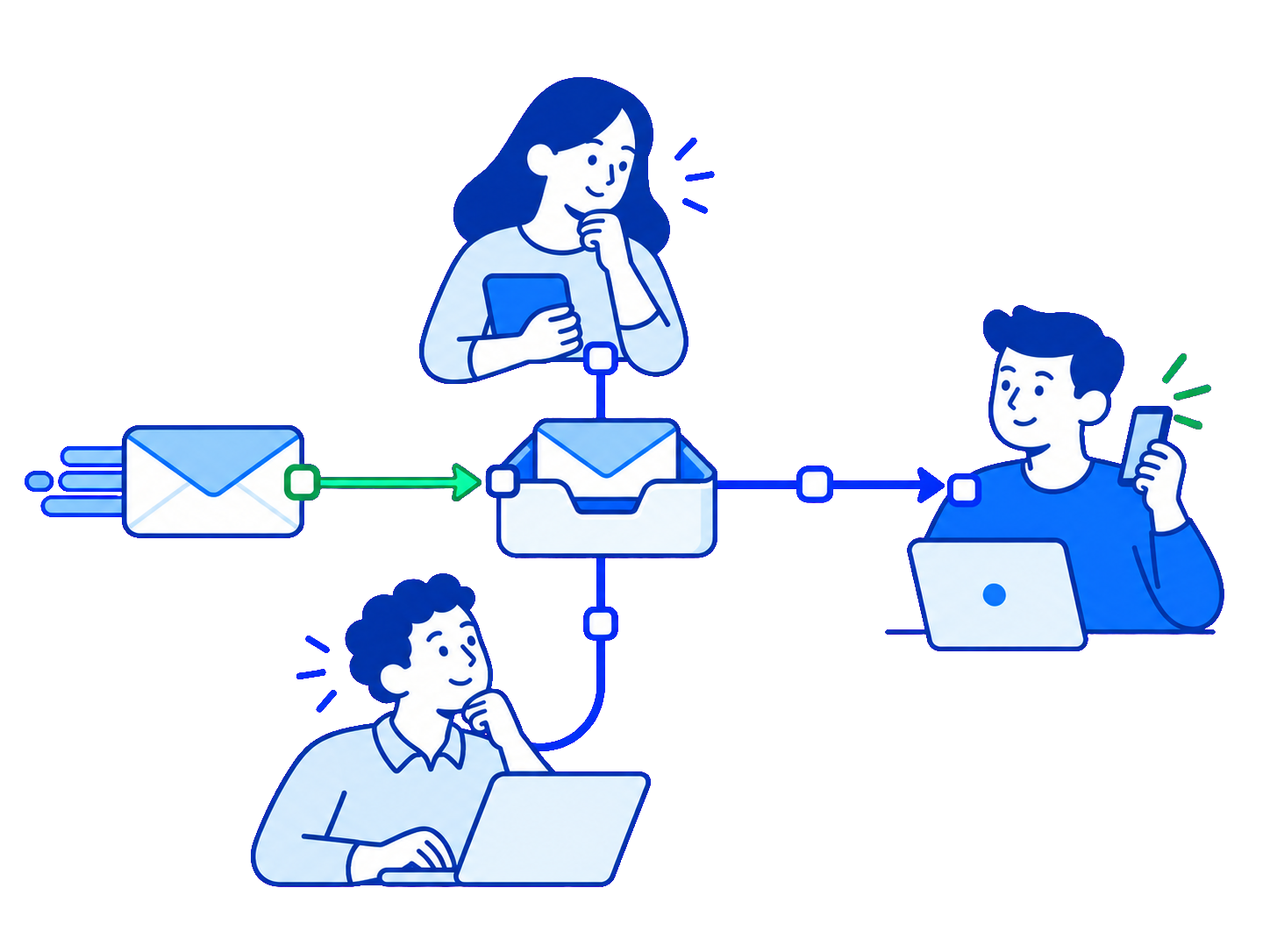 Three teammates review and assign replies from one shared inbox.